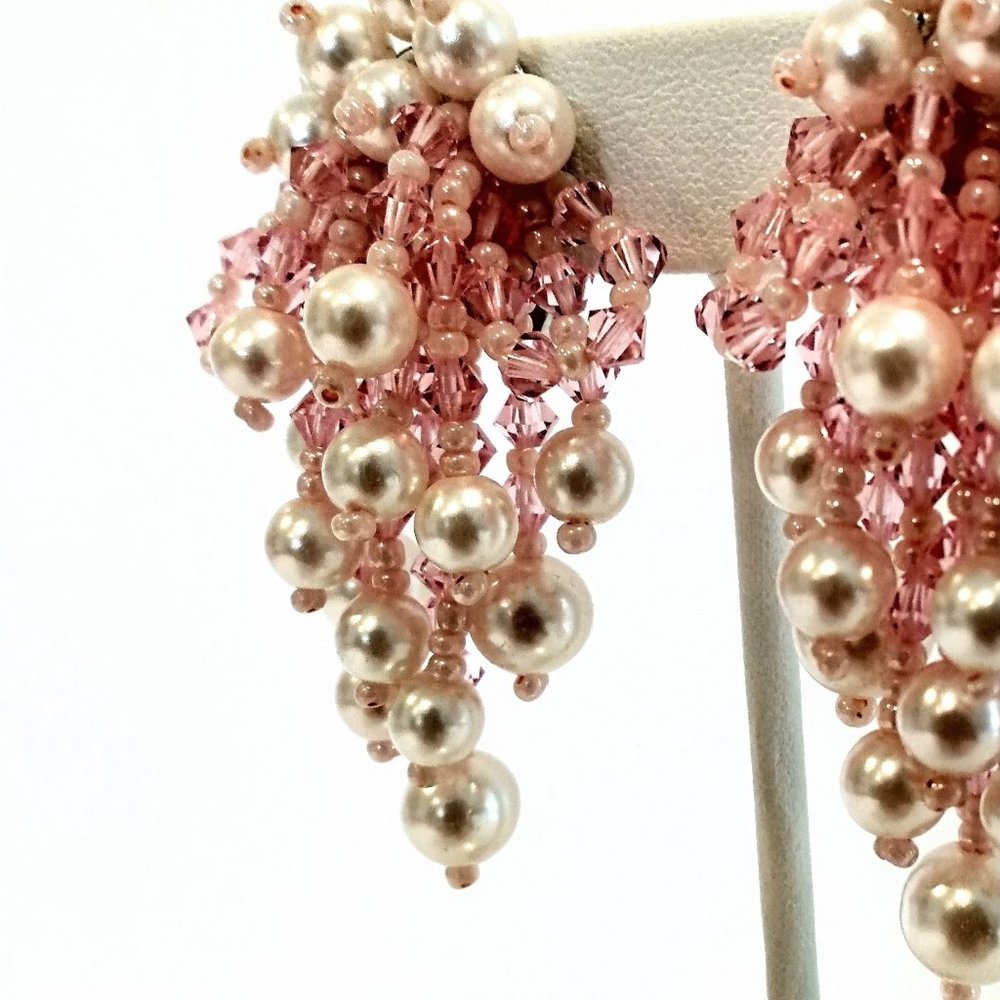 Vintage Handbeaded Pink Pearl & Pink Austrian Crystal Waterfall Earrings